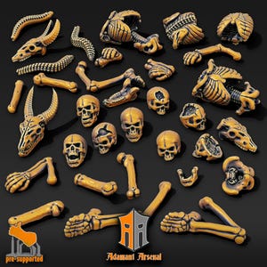 Op de afbeelding: Een verzameling 3D-geprinte skeletdelen, waaronder schedels, ribben en botten, in een gouden kleur. De onderdelen zijn vooraf ondersteund en klaar om te worden geprint.