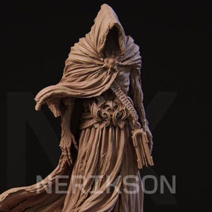 May include: A detailed sculpture of a robed figure with a hood, cape, and ornate belt. The figure holds a book and has a skeletal appearance. The sculpture is a light brown color and has intricate details.