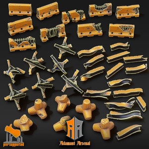 May include: A set of 3D printed, pre-supported, resin cast, yellow and black barricade pieces. The set includes various shapes and sizes of barricades, including broken and intact pieces. The pieces are designed for tabletop gaming and miniature wargaming.