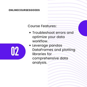 May include: A purple and white graphic with the text "ONLINECOURSESGOODS" and "Course Features:" followed by two bullet points. The first bullet point says "Troubleshoot errors and optimize your data workflow." The second bullet point says "Leverage pandas DataFrames and plotting libraries for comprehensive data analysis." The graphic also includes the number "02" in a purple circle.