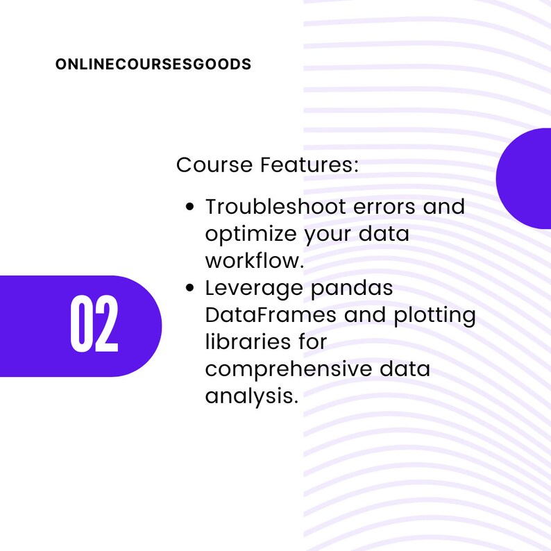 May include: A purple and white graphic with the text "ONLINECOURSESGOODS" and "Course Features:" followed by two bullet points. The first bullet point says "Troubleshoot errors and optimize your data workflow." The second bullet point says "Leverage pandas DataFrames and plotting libraries for comprehensive data analysis." The graphic also includes the number "02" in a purple circle.