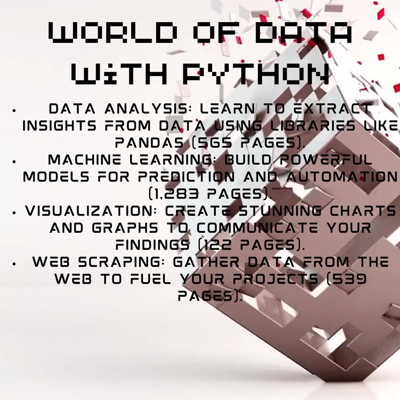 Puede incluir: Un gr&aacute;fico con un dise&ntilde;o pixelado rojo y blanco, con el texto "WORLD OF DATA WITH PYTHON" en negrita, en blanco. El gr&aacute;fico enumera cuatro temas relacionados con la ciencia de datos y la programaci&oacute;n con Python: An&aacute;lisis de datos, Aprendizaje autom&aacute;tico, Visualizaci&oacute;n y Web scraping. Cada tema incluye una breve descripci&oacute;n y el n&uacute;mero de p&aacute;ginas del curso correspondiente.