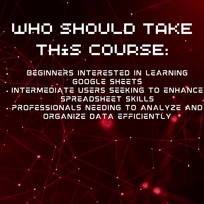 May include: Red background with a white pixelated text overlay that reads "WHO SHOULD TAKE THIS COURSE:" followed by three bullet points describing who should take the course: beginners interested in learning Google Sheets, intermediate users seeking to enhance spreadsheet skills, and professionals needing to analyse and organise data efficiently.