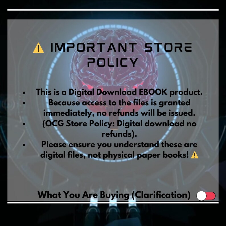 Może przedstawiać: Grafika informacyjna o produkcie do pobrania cyfrowego z tekstem "IMPORTANT STORE POLICY". Grafika zawiera stylizowany obraz m&oacute;zgu i punktor&oacute;w wyjaśniających cyfrowy charakter produktu i politykę braku zwrot&oacute;w.