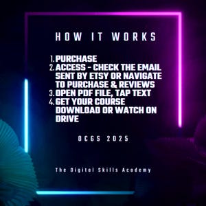 K&ouml;nnte beinhalten: Eine Grafik in Neonrosa und Blau mit dem Text "HOW IT WORKS" in Wei&szlig;. Die Grafik listet die Schritte zum Zugriff auf einen digitalen Kurs auf: 1. Kauf, 2. Zugriff - &Uuml;berpr&uuml;fen Sie die E-Mail, die von Etsy gesendet wurde, oder navigieren Sie zum Kauf und zu den Bewertungen, 3. &Ouml;ffnen Sie die PDF-Datei, tippen Sie auf den Text, 4. Rufen Sie Ihren Kurs ab, laden Sie ihn herunter oder sehen Sie ihn sich auf dem Laufwerk an. Die Grafik enth&auml;lt auch den Text "OCGS 2025" und "The Digital Skills Academy".