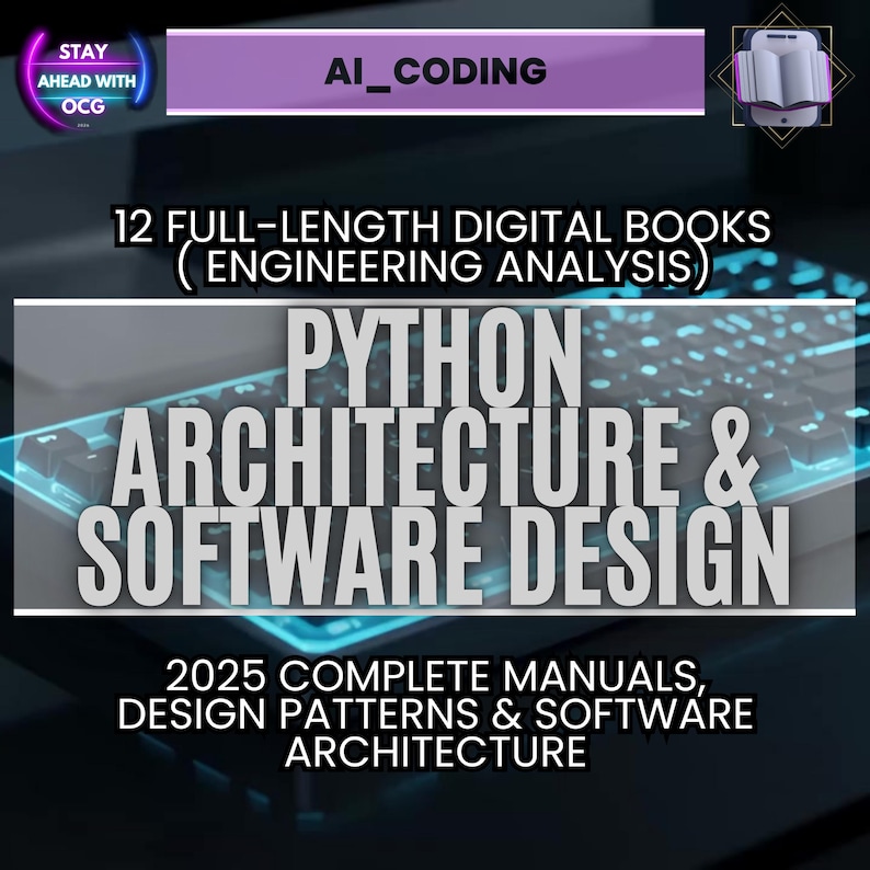 May include: A digital graphic promoting "Python Architecture & Software Design" with the text "AI_CODING." The image highlights 12 full-length digital books, 2025 complete manuals, design patterns, and software architecture. The background features a keyboard.