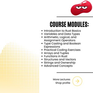 Pu&ograve; includere: Immagine che mostra i "MODULI DEL CORSO" per l'apprendimento di Rust, con argomenti come le basi, le variabili, i tipi di dati e i concetti avanzati. Un personaggio dei cartoni animati rosso &egrave; nell'angolo in alto a destra. L'immagine include anche una call to action.