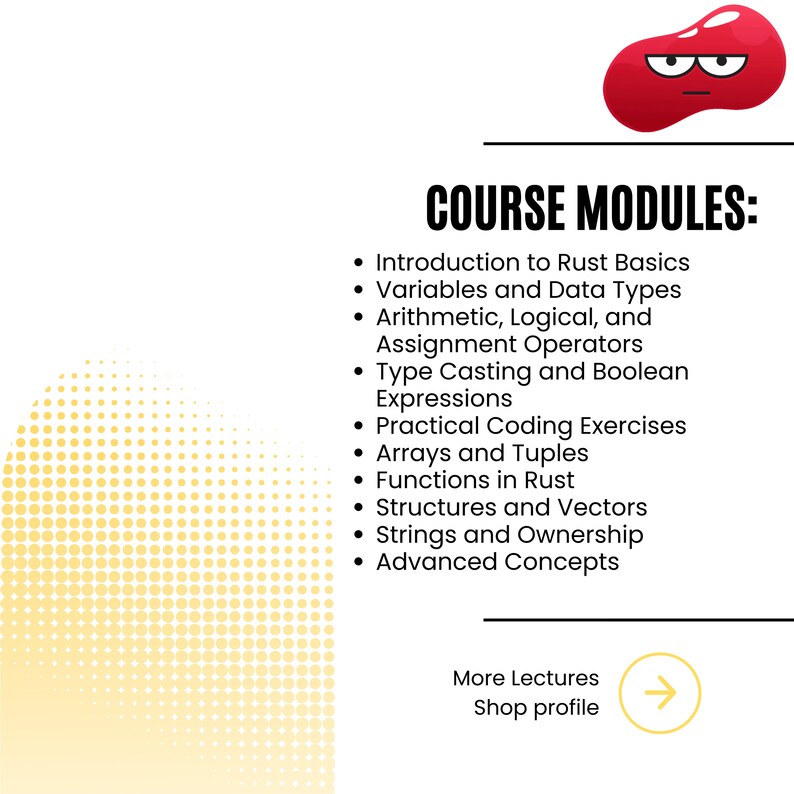 Pu&ograve; includere: Immagine che mostra i "MODULI DEL CORSO" per l'apprendimento di Rust, con argomenti come le basi, le variabili, i tipi di dati e i concetti avanzati. Un personaggio dei cartoni animati rosso &egrave; nell'angolo in alto a destra. L'immagine include anche una call to action.