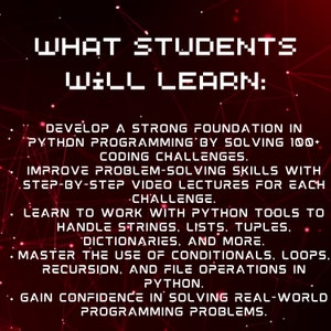 Może przedstawiać: Czerwono-czarna grafika z białym tekstem, kt&oacute;ry brzmi "CZEGO UCZĄ SIĘ STUDENCI:" i wymienia korzyści płynące z nauki programowania w Pythonie. Korzyści te obejmują budowanie solidnych podstaw programowania w Pythonie, doskonalenie umiejętności rozwiązywania problem&oacute;w, naukę pracy z narzędziami Pythona, opanowanie używania instrukcji warunkowych, pętli, rekursji i operacji na plikach w Pythonie oraz zdobycie pewności siebie w rozwiązywaniu rzeczywistych problem&oacute;w programistycznych.