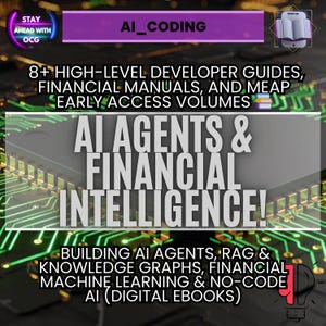 Pode incluir: Capa de ebook digital com o texto "AI AGENTS & FINANCIAL INTELLIGENCE!" e "BUILDING AI AGENTS, RAG & KNOWLEDGE GRAPHS, FINANCIAL MACHINE LEARNING & NO-CODE AI (DIGITAL EBOOKS)". O banner superior diz "AI_CODING".