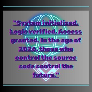 May include: A digital art piece with a gray background and a neon blue and green globe design. The text reads: "System initialized. Logic verified. Access granted. In the age of 2026, those who control the source code control the future."