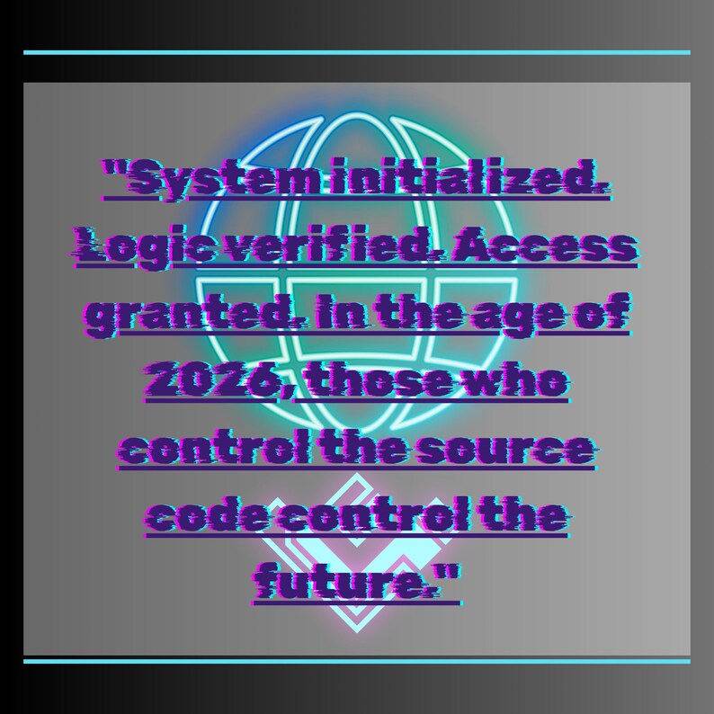 May include: A digital art piece with a gray background and a neon blue and green globe design. The text reads: "System initialized. Logic verified. Access granted. In the age of 2026, those who control the source code control the future."