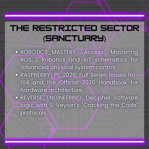 May include: A digital graphic with a purple neon border and a gray background. Text reads "THE RESTRICTED SECTOR (SANCTUARY)" and lists topics including Robotics Mastery, Raspberry Pi 2026, and Reverse Engineering.