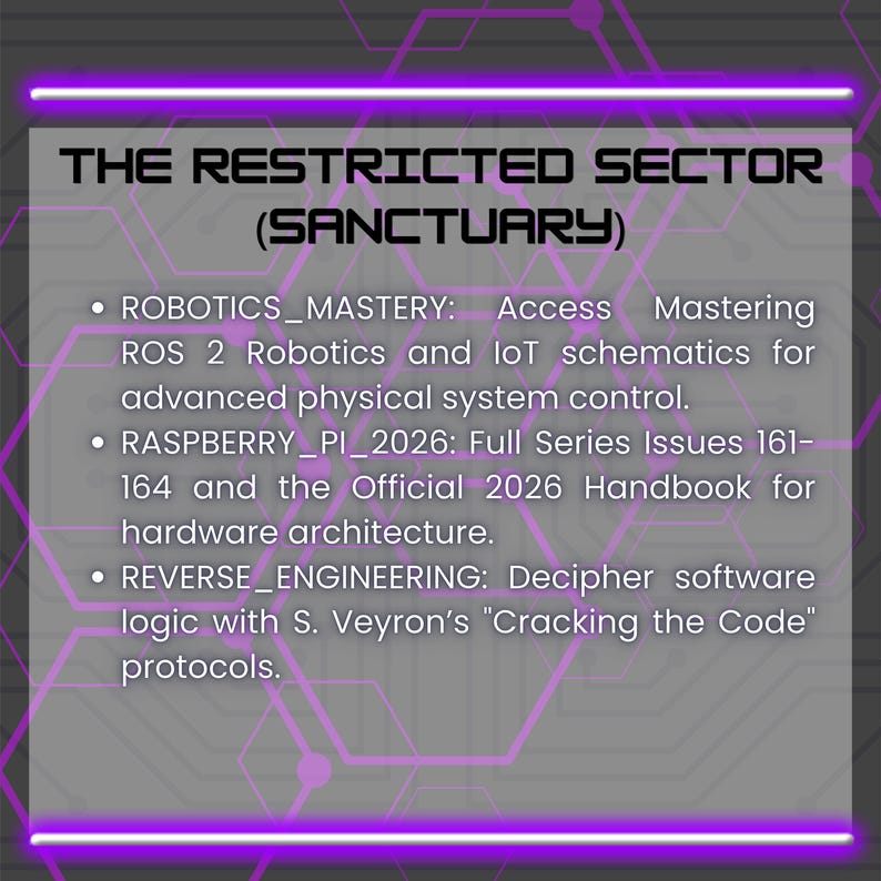 May include: A digital graphic with a purple neon border and a gray background. Text reads "THE RESTRICTED SECTOR (SANCTUARY)" and lists topics including Robotics Mastery, Raspberry Pi 2026, and Reverse Engineering.