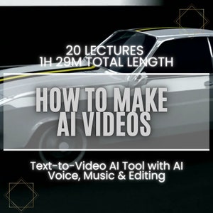 Peut inclure: Un graphique avec une voiture argentée et le texte "20 LECTURES 1H 29M TOTAL LENGTH HOW TO MAKE AI VIDEOS Text-to-Video AI Tool with AI Voice, Music & Editing"