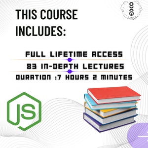 May include: A green hexagon with the letters "JS" inside. The text "THIS COURSE INCLUDES:" is above a stack of five books. The text "FULL LIFETIME ACCESS", "83 IN-DEPTH LECTURES", and "DURATION: 7 HOURS 2 MINUTES" is below the books.