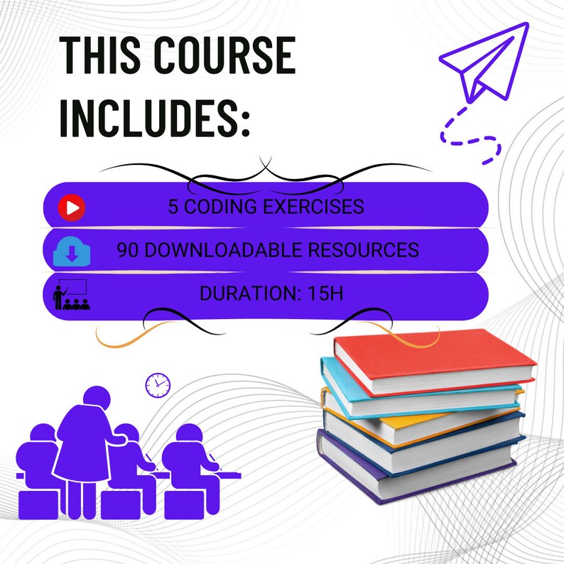 Może przedstawiać: Fioletowo-biała ilustracja kursu kodowania z przyciskiem odtwarzania, ikoną pobierania i nauczycielem ze studentami. Tekst brzmi: "Ten kurs zawiera: 5 ćwiczeń kodowania, 90 zasob&oacute;w do pobrania, Czas trwania: 15 godzin". Są też stosy książek i zegar.