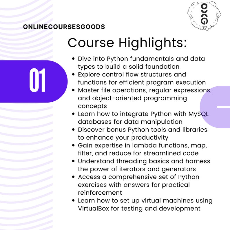 May include: A graphic with the text "ONLINECOURSESGOODS" and "Course Highlights:" in a white and purple design. The text lists Python course topics, including fundamentals, data types, control flow, MySQL integration, and virtual machines.