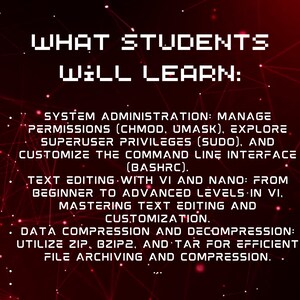 Peut inclure: Un graphique rouge et noir avec du texte blanc qui dit "WHAT STUDENTS WILL LEARN:" et liste les comp&eacute;tences que les &eacute;tudiants apprendront dans un cours d'informatique. Les comp&eacute;tences comprennent l'administration syst&egrave;me, l'&eacute;dition de texte et la compression de donn&eacute;es.