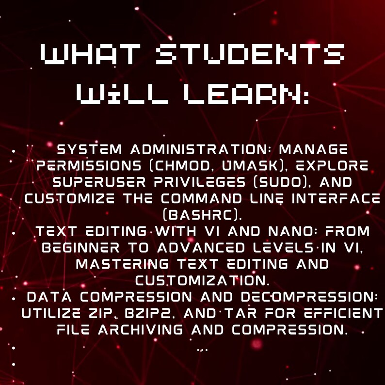 Peut inclure: Un graphique rouge et noir avec du texte blanc qui dit "WHAT STUDENTS WILL LEARN:" et liste les comp&eacute;tences que les &eacute;tudiants apprendront dans un cours d'informatique. Les comp&eacute;tences comprennent l'administration syst&egrave;me, l'&eacute;dition de texte et la compression de donn&eacute;es.