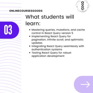 May include: A purple and white graphic with the number 03 in a purple circle. The text "ONLINECOURSESGOODS" is at the top of the graphic. The text "What students will learn:" is below the number 03. The graphic lists four bullet points describing what students will learn about React Query.