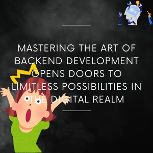 以下が含まれることがあります： 赤い髪の女の子の漫画のイラストで、頭の上に黄色の稲妻があります。テキストには、「バックエンド開発の技術を習得することは、デジタルの世界で無限の可能性への扉を開きます。」と書いてあります。