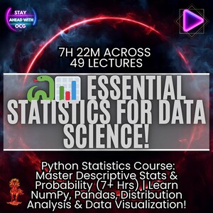 May include: Promotional image for an online course: "Essential Statistics for Data Science!" The image includes text, a green snake, and a bar graph icon. The course covers descriptive stats, probability, NumPy, Pandas, and data visualisation.