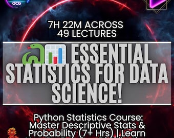 Puede incluir: Imagen promocional para un curso en línea titulado "Essential Statistics for Data Science!". La imagen presenta texto, una serpiente verde y un icono de gráfico de barras. El curso cubre estadísticas descriptivas, probabilidad, NumPy, Pandas y visualización de datos.