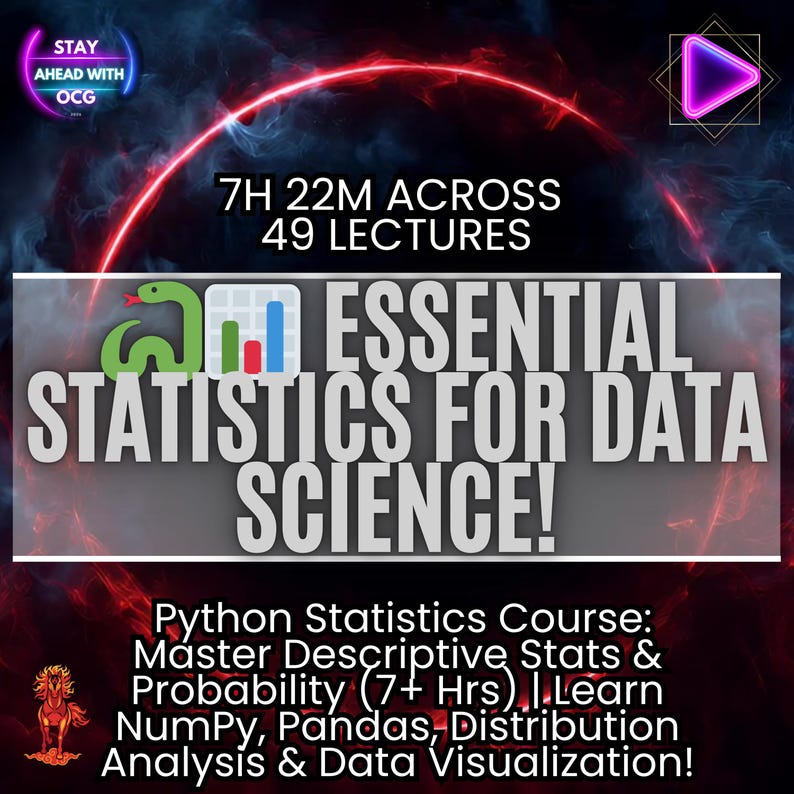 May include: A promotional image for an online course titled "Essential Statistics for Data Science!" The image features text, a green snake, and a bar graph icon. The course covers descriptive stats, probability, NumPy, Pandas, and data visualization.