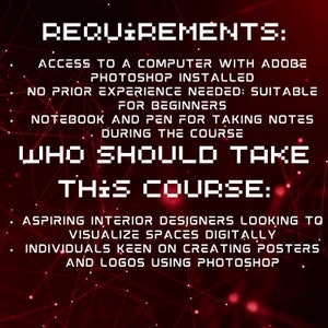 K&ouml;nnte beinhalten: Rote und schwarze Grafik mit dem Text "REQUIREMENTS:" und einer Liste der Anforderungen f&uuml;r einen Kurs. Der Text "WHO SHOULD TAKE THIS COURSE:" ist ebenfalls enthalten mit einer Liste, f&uuml;r wen der Kurs geeignet ist.