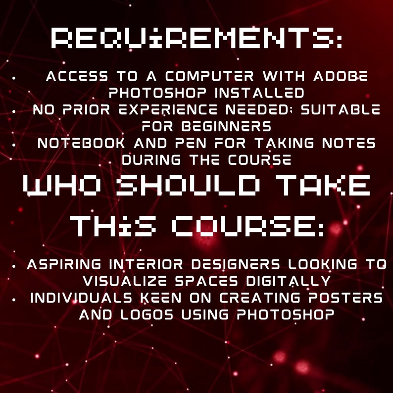 K&ouml;nnte beinhalten: Rote und schwarze Grafik mit dem Text "REQUIREMENTS:" und einer Liste der Anforderungen f&uuml;r einen Kurs. Der Text "WHO SHOULD TAKE THIS COURSE:" ist ebenfalls enthalten mit einer Liste, f&uuml;r wen der Kurs geeignet ist.