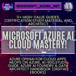 May include: A digital graphic promoting Microsoft Azure AI Cloud Mastery. The image features text including "11+ High-Value Guides" and "Azure OpenAI for Cloud Apps." The color scheme is primarily blue, purple, and white, with a stylized book icon in the upper right corner.