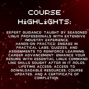 Peut inclure: Graphique rouge et noir avec du texte blanc qui lit "COURSE HIGHLIGHTS:" suivi d'une liste de points forts du cours, notamment un encadrement expert, une pratique pratique, une progression de carri&egrave;re, un acc&egrave;s &agrave; vie et des ressources t&eacute;l&eacute;chargeables.