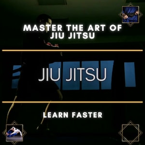 Op de afbeelding: Een persoon in een zwart shirt en broek demonstreert een Jiu Jitsu-beweging. De tekst "MASTER THE ART OF JIU JITSU" staat bovenaan de afbeelding. De tekst "JIU JITSU" staat in het midden van de afbeelding. De tekst "LEARN FASTER" staat onderaan de afbeelding.