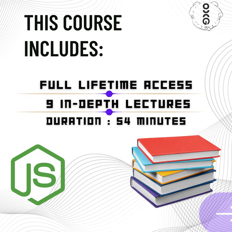May include: This course includes full lifetime access, 9 in-depth lectures, and a duration of 54 minutes. The image shows a stack of books with a green hexagon with the letters "JS" inside.