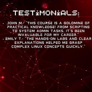 Peut inclure: T&eacute;moignages d'&eacute;tudiants sur un cours Linux. John M. dit que le cours est une mine d'or de connaissances pratiques et pr&eacute;cieux pour sa carri&egrave;re. Emily T. dit que les laboratoires pratiques et les explications claires l'ont aid&eacute;e &agrave; saisir rapidement des concepts Linux complexes.