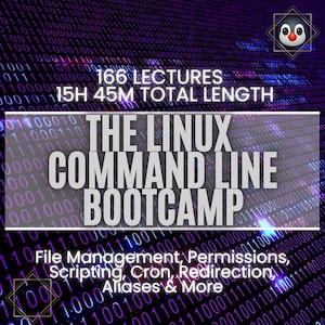 Può includere: Uno sfondo digitale viola e blu con il testo "The Linux Command Line Bootcamp" in bianco. Il testo "166 Lectures 15H 45M Total Length" è anche in bianco. Sotto il testo principale, c'è un elenco degli argomenti trattati nel bootcamp: "File Management, Permissions, Scripting, Cron, Redirection, Aliases & More".