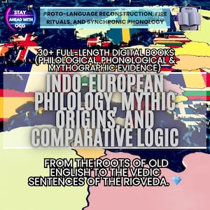 May include: An image featuring text on Indo-European philology, mythic origins, and comparative logic. The text includes phrases such as "Proto-Language Reconstruction" and "30+ Full-Length Digital Books." The background shows a map with country outlines.