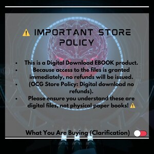 May include: A digital download product information graphic with the text "IMPORTANT STORE POLICY". The graphic includes a stylized brain image and bullet points clarifying the digital nature of the product and the no-refund policy.