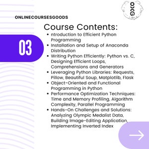 May include: A purple and white graphic with the number 03 and the text "ONLINECOURSESGOODS" and "Course Contents:" followed by a list of bullet points describing the contents of an online course on Python programming.