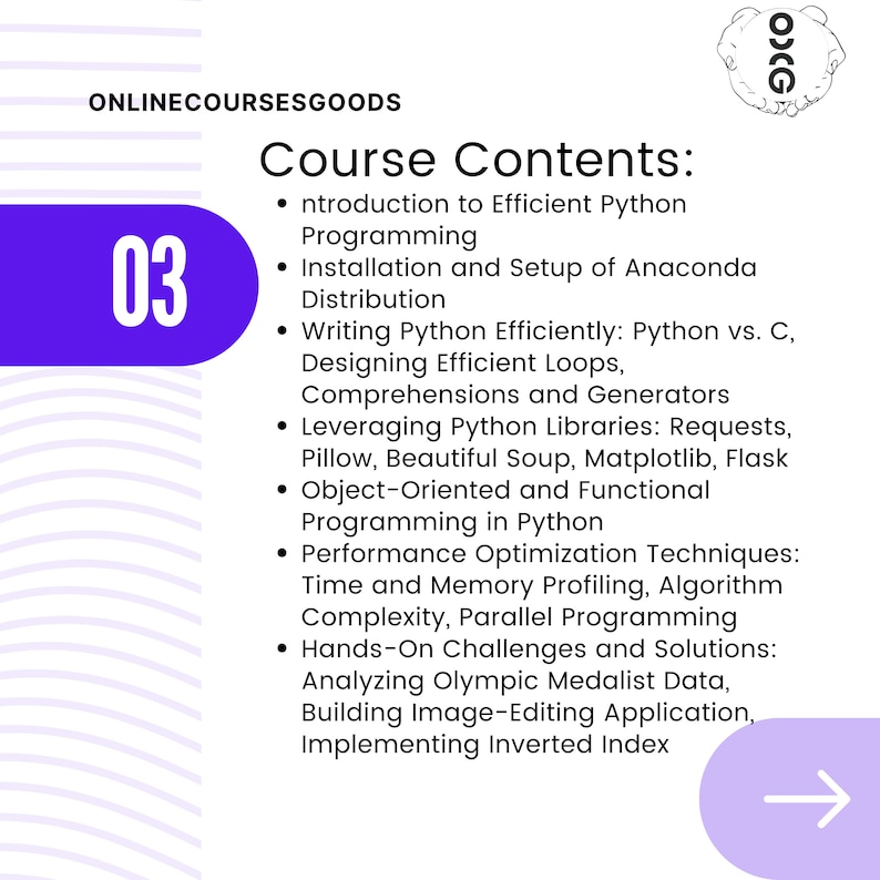 May include: A purple and white graphic with the number 03 and the text "ONLINECOURSESGOODS" and "Course Contents:" followed by a list of bullet points describing the contents of an online course on Python programming.
