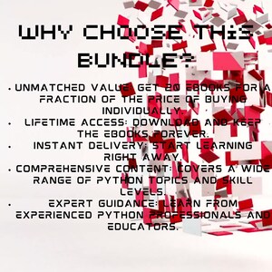 May include: A red and white graphic with the text "WHY CHOOSE THIS BUNDLE?" and a list of reasons to choose the bundle. The reasons include: unmatched value, lifetime access, instant delivery, comprehensive content, and expert guidance.