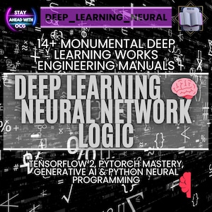 Könnte beinhalten: Eine digitale Grafik mit dem Text "DEEP LEARNING NEURAL NETWORK LOGIC" und "14+ MONUMENTAL DEEP LEARNING WORKS ENGINEERING MANUALS". Enthält eine Gehirngrafik und den Text "TENSORFLOW'2, PYTORCH MASTERY, GENERATIVE AI & PYTHON NEURAL PROGRAMMING".