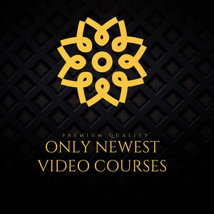 Op de afbeelding: Een zwarte achtergrond met een gouden geometrisch ontwerp in het midden. De tekst "PREMIUM QUALITY ONLY NEWEST VIDEO COURSES" staat onder het ontwerp.