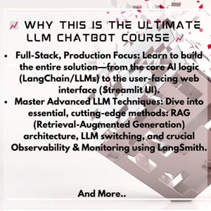 Puede incluir: Gr&aacute;fico blanco y rojo con el texto "WHY THIS IS THE ULTIMATE LLM CHATBOT COURSE". El texto est&aacute; acompa&ntilde;ado de vi&ntilde;etas que detallan el contenido del curso, incluyendo el enfoque de producci&oacute;n full-stack y t&eacute;cnicas LLM avanzadas.