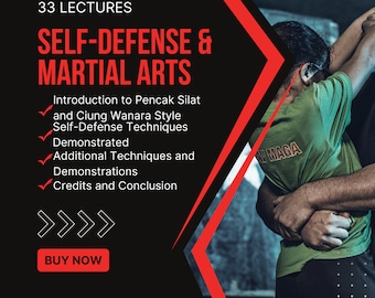 Puede incluir: Un gráfico rojo y negro con el texto "33 LECTURES SELF-DEFENSE & MARTIAL ARTS" y una lista de verificación de temas que incluyen "Introducción al Pencak Silat y al estilo Ciung Wanara Técnicas de autodefensa demostradas" y "Técnicas y demostraciones adicionales". El gráfico también incluye el texto "COMPRAR AHORA" y una foto de dos personas practicando defensa personal.