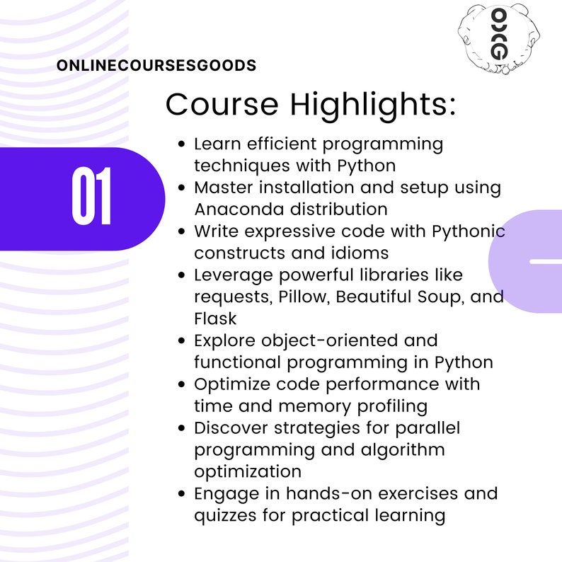 May include: A purple circle with the number 01 inside. The text "Online Courses Goods" is at the top of the image. The text "Course Highlights" is in a larger font size than the rest of the text. The text below the heading lists the benefits of taking an online course.