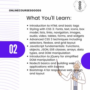 May include: A purple circle with the number 02 inside. The text "What You'll Learn:" is in a large, bold font. A list of bullet points describes the topics covered in an online course. The topics include HTML, CSS, JavaScript, NodeJS, and Bootstrap.