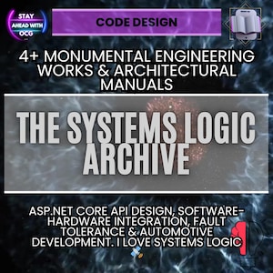 Könnte beinhalten: Grafik mit dem Text "CODE DESIGN" und "4+ MONUMENTAL ENGINEERING WORKS & ARCHITECTURAL MANUALS." Darunter wird der Text "THE SYSTEMS LOGIC ARCHIVE" angezeigt. Zusätzlicher Text lautet "ASP.NET CORE API DESIGN, SOFTWARE-HARDWARE INTEGRATION, FAULT TOLERANCE & AUTOMOTIVE DEVELOPMENT. I LOVE SYSTEMS LOGIC."