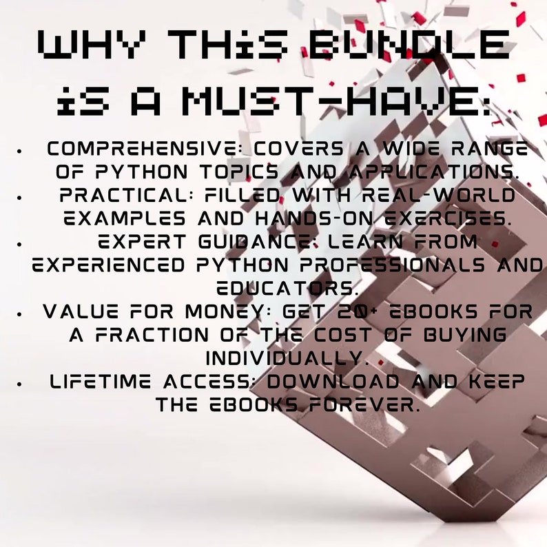 Puede incluir: Un objeto met&aacute;lico en forma de cubo roto con el texto "WHY THIS BUNDLE IS A MUST-HAVE:" y una lista de razones por las que este paquete es imprescindible. El texto est&aacute; en rojo, blanco y negro.